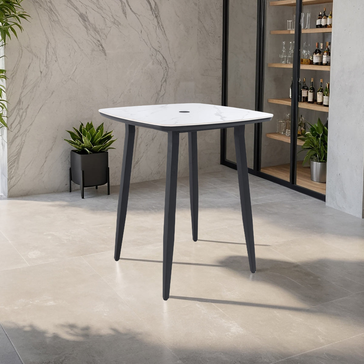 Modern 35.4'' Rounded Square Outdoor Bar Table, Greek White Marble-Inspired Sintered StoneTop, Umbrella Hole, Rust-Free Aluminum Frame, Ember Black, Weatherproof Bistro Table for Garden, Poolside