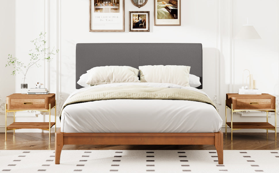 Full Size Solid Dry Bamboo Wood 12 Inch Platform Bed, with Gray Curved Upholstered Adjustable Headboard, Easy Assembly