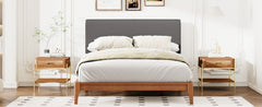 Full Size Solid Dry Bamboo Wood 12 Inch Platform Bed, with Gray Curved Upholstered Adjustable Headboard, Easy Assembly