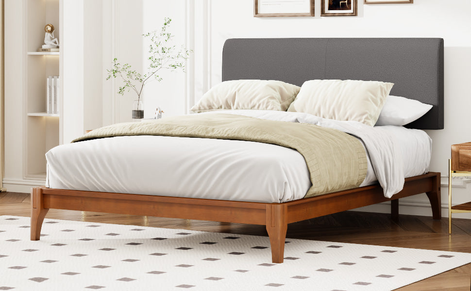 Full Size Solid Dry Bamboo Wood 12 Inch Platform Bed, with Gray Curved Upholstered Adjustable Headboard, Easy Assembly