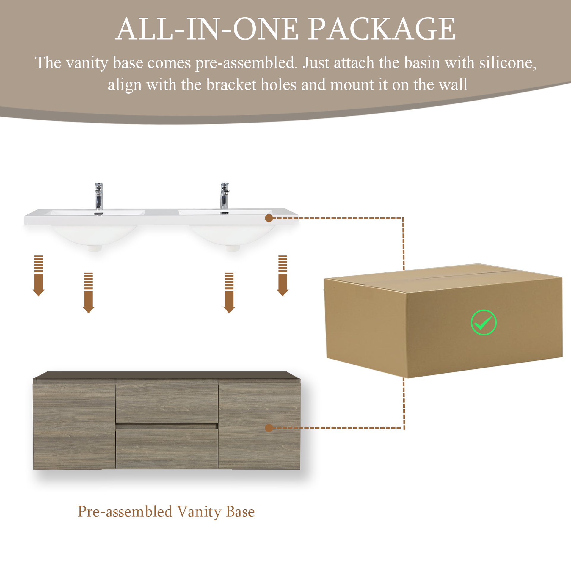 60" Floating Bathroom Vanity with Sink, Wall-Mounted Storage Cabinet with Solid Surface Top Basin, Two Sinks and Soft Close Drawers Fully Assembled, Ash Grey 24V11-60DAG-W1920P385494