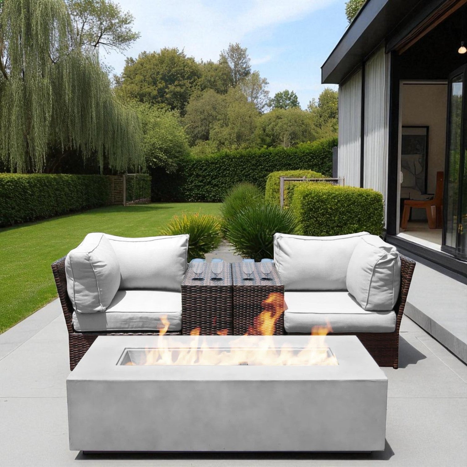 Pre-Built Outdoor Conversation Set for 2 with Cushions & Concrete Fire Table