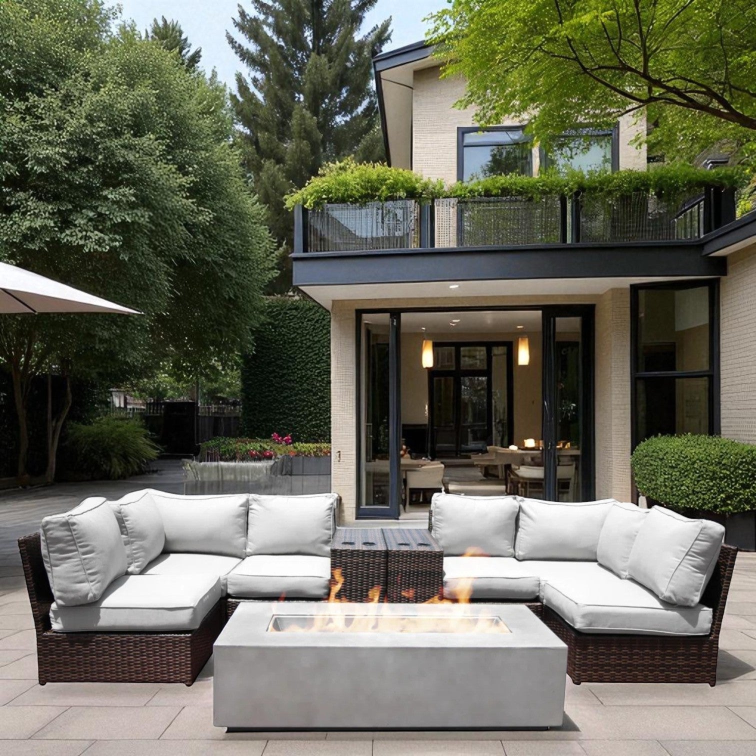 9-Piece Modular Wicker Seating Group with Ultra-Soft Cushions & Concrete Fire Pit