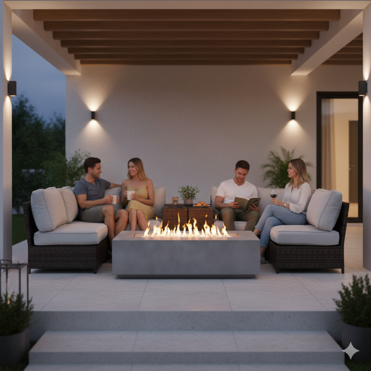 9-Piece Modular Wicker Seating Group with Ultra-Soft Cushions & Concrete Fire Pit