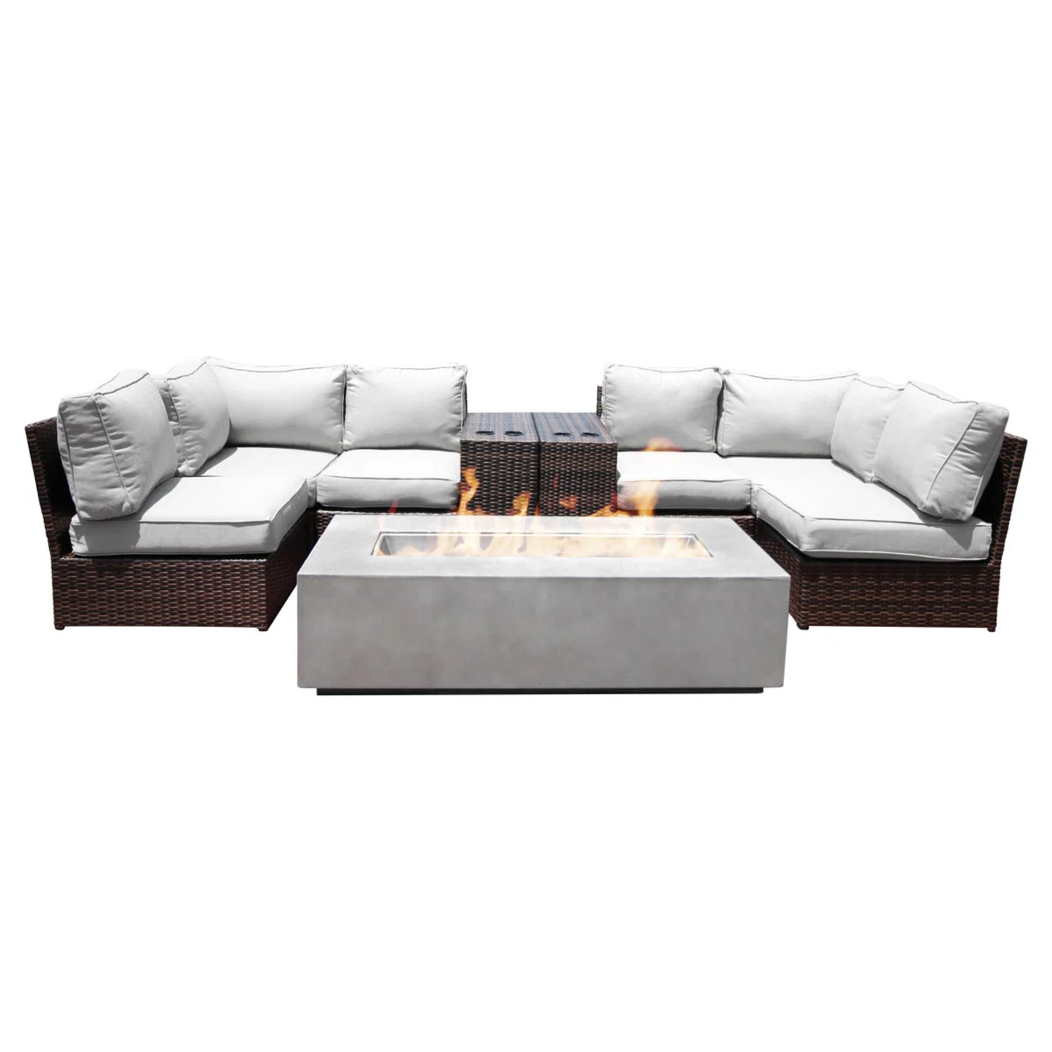 9-Piece Modular Wicker Seating Group with Ultra-Soft Cushions & Concrete Fire Pit