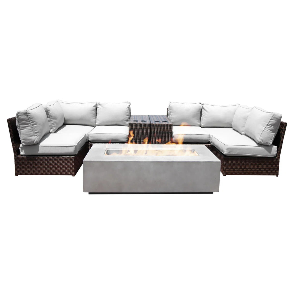 9-Piece Modular Wicker Seating Group with Ultra-Soft Cushions & Concrete Fire Pit
