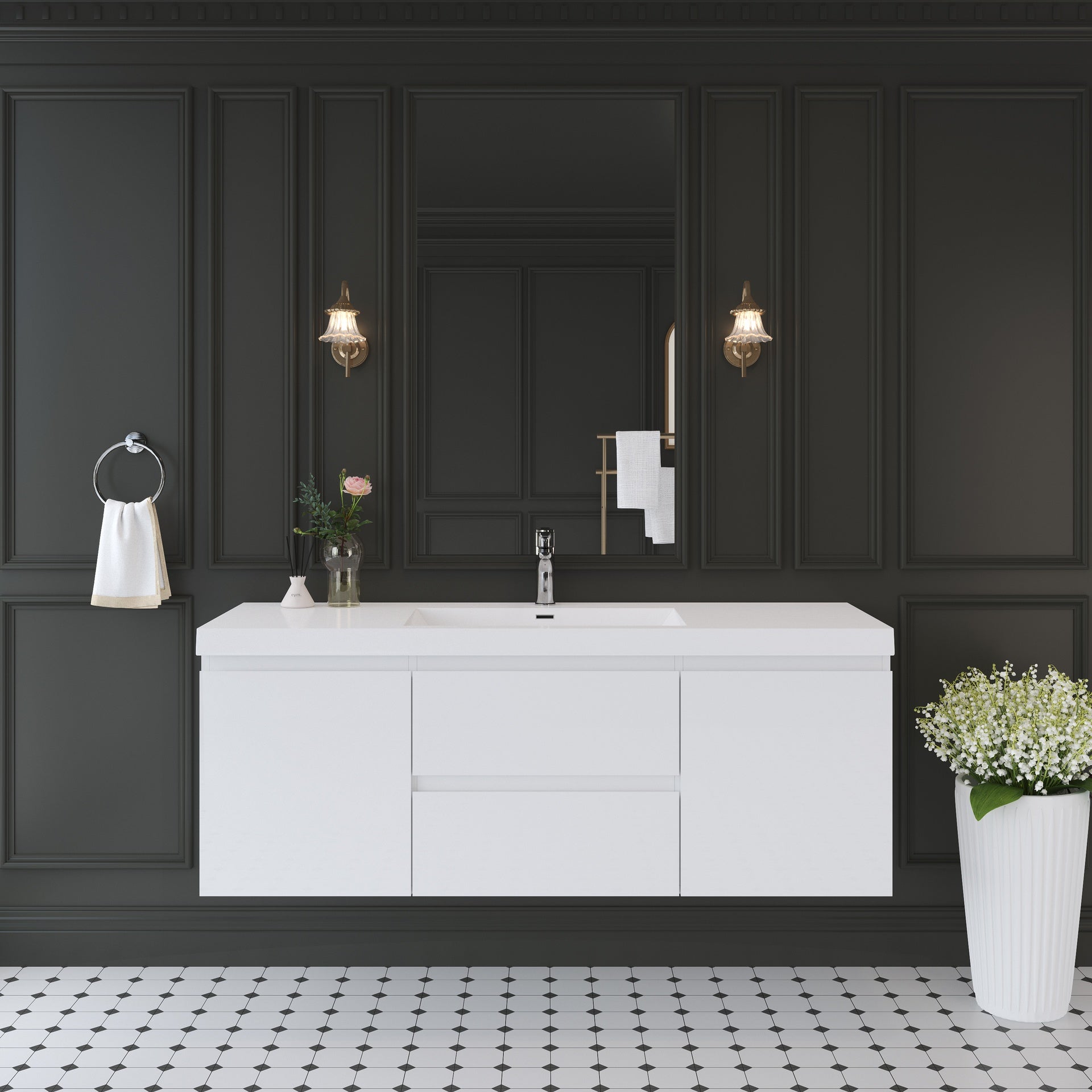 60" Floating Bathroom Vanity with Sink, Modern Wall-Mounted Bathroom Storage Vanity Cabinet with Solid Surface Top Basin and Soft Close Drawers, Glossy White GF-24V11-60SGW-W1573P152688