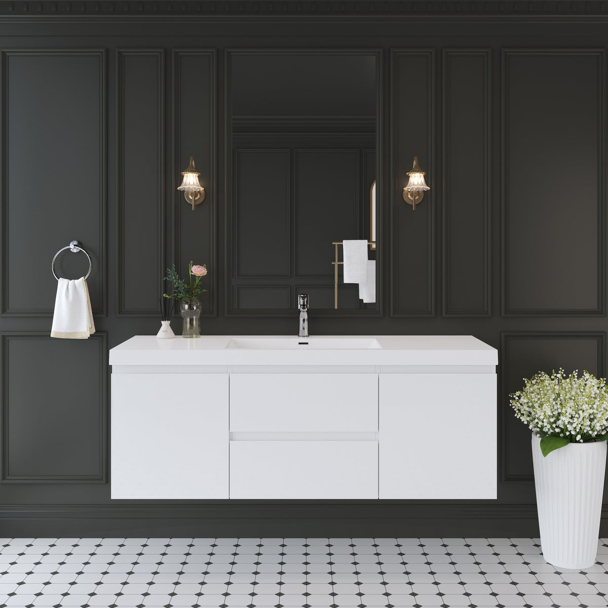 60" Floating Bathroom Vanity with Sink, Modern Wall-Mounted Bathroom Storage Vanity Cabinet with Solid Surface Top Basin and Soft Close Drawers, Glossy White GF-24V11-60SGW-W1573P152688