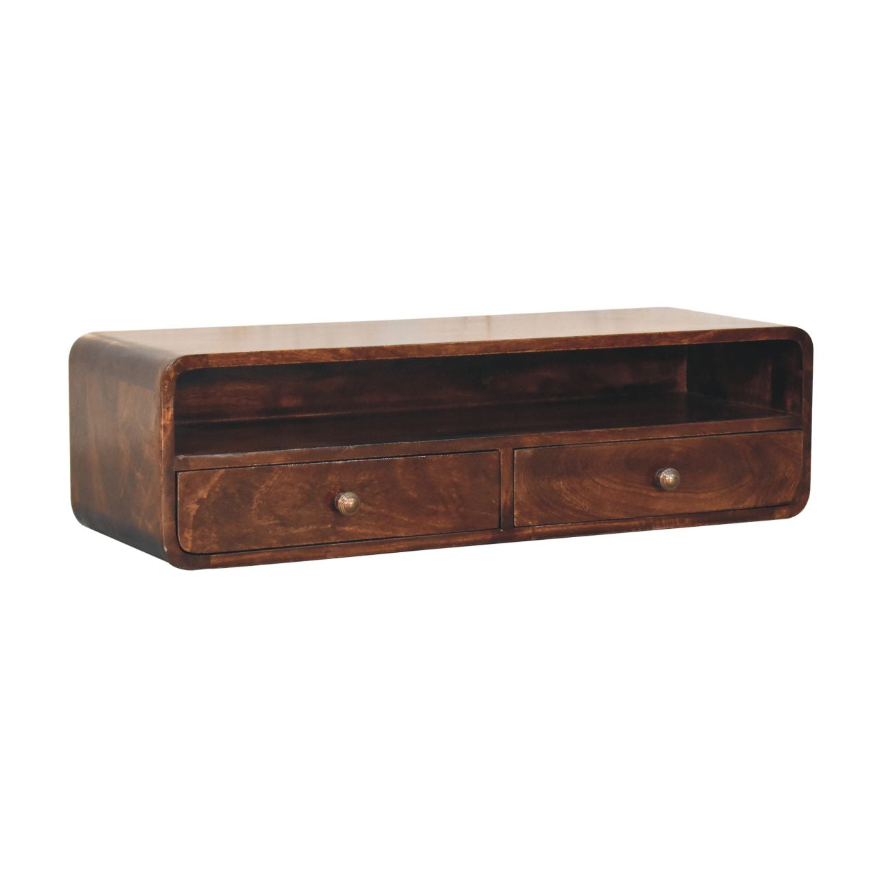 Solid Wood Floating California Walnut Open Console, 2-Drawers, Brown