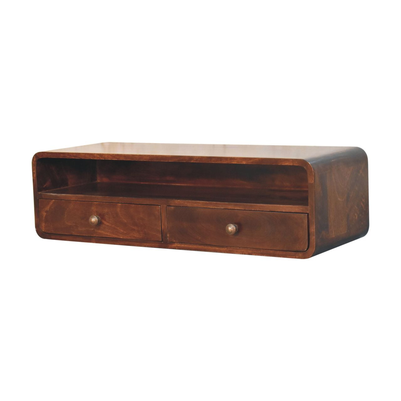 Solid Wood Floating California Walnut Open Console, 2-Drawers, Brown