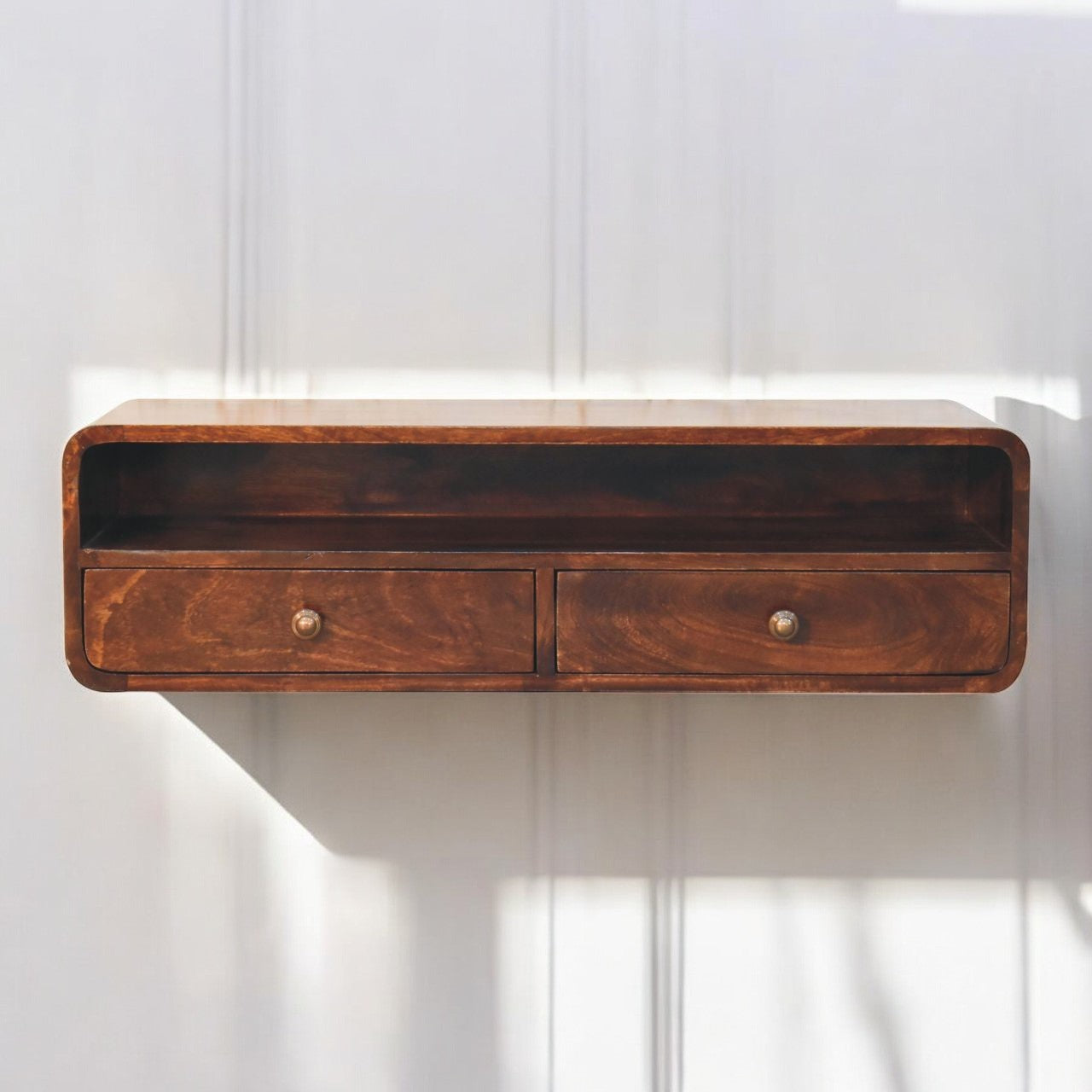 Solid Wood Floating California Walnut Open Console, 2-Drawers, Brown