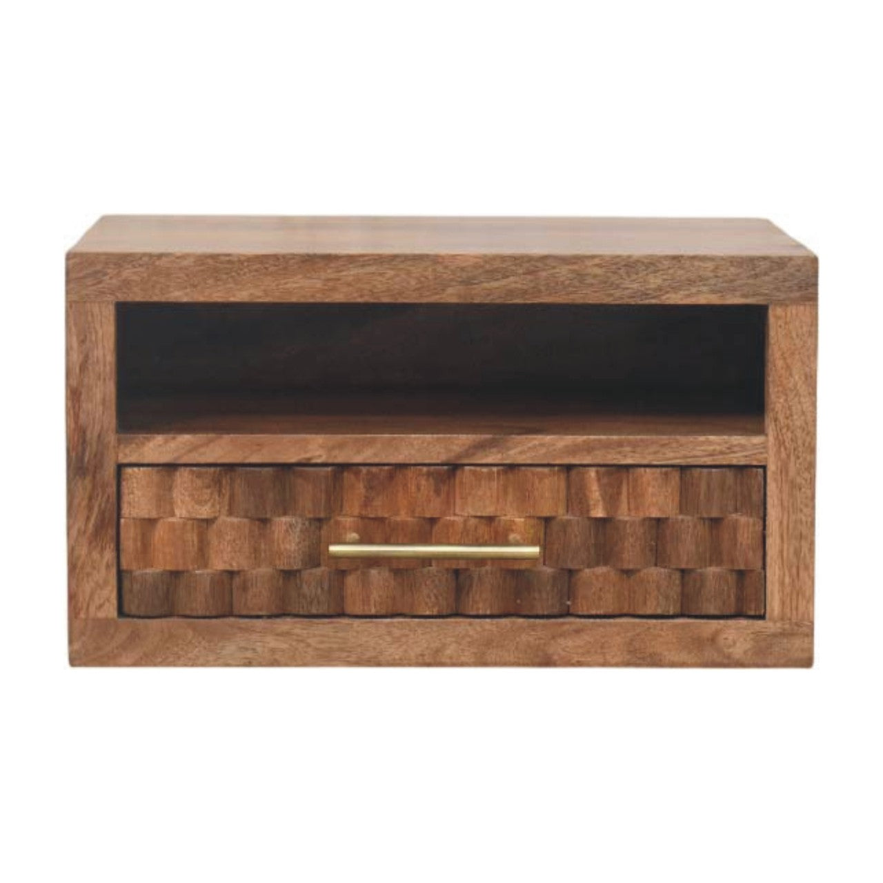 Solid Wood Arno Wall-Mounted Nightstand in Golden Teak,Brown,1-Shelf,1-Drawer