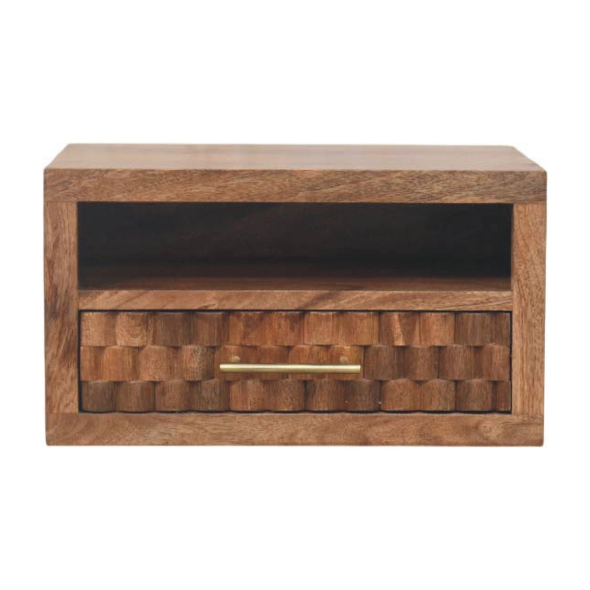 Solid Wood Arno Wall-Mounted Nightstand in Golden Teak,Brown,1-Shelf,1-Drawer