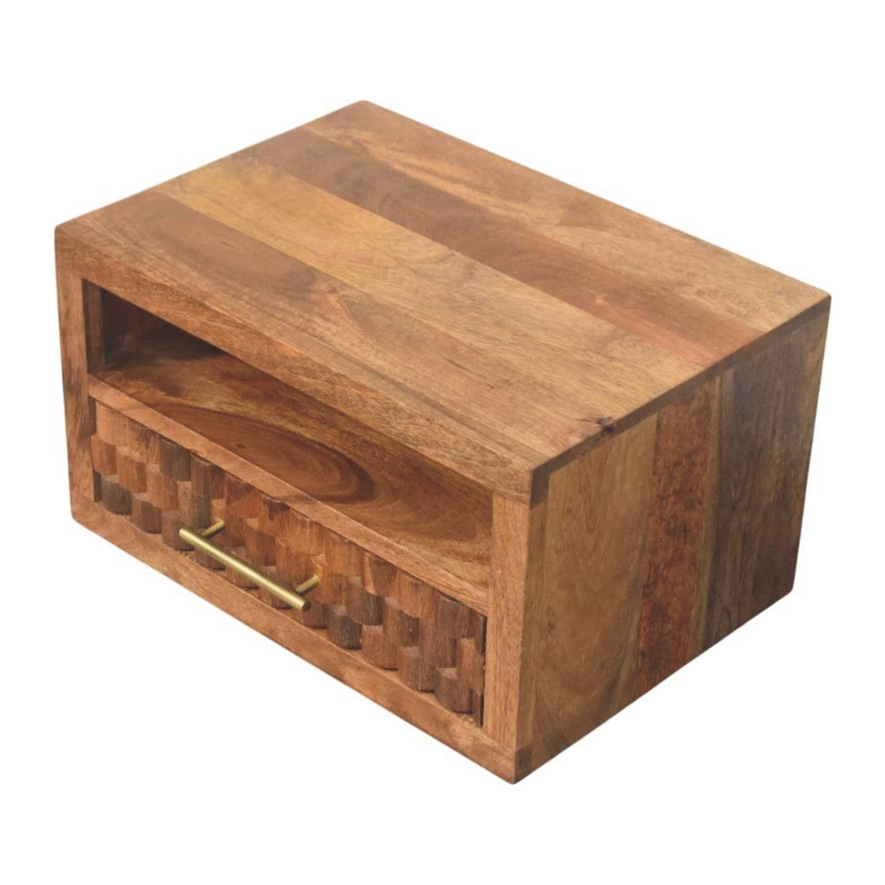 Solid Wood Arno Wall-Mounted Nightstand in Golden Teak,Brown,1-Shelf,1-Drawer