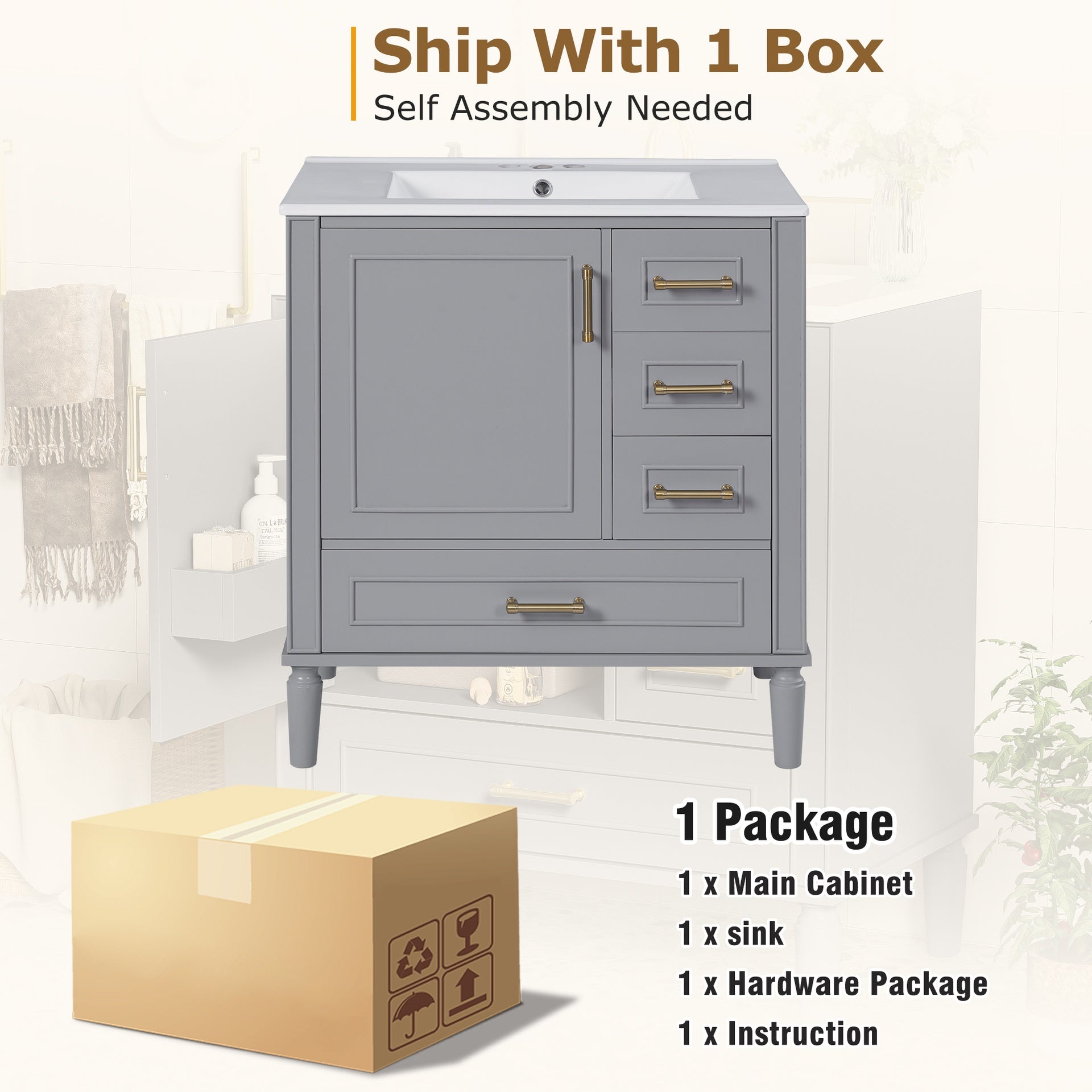 30" Bathroom Vanity with Ceramic Sink, Soft-Close Door with Built-in Shelf, Deep Drawer, Standard Drawer, Long Divider Drawer, Ample Storage Cabinet for Bathroom, Modern & Functional Design