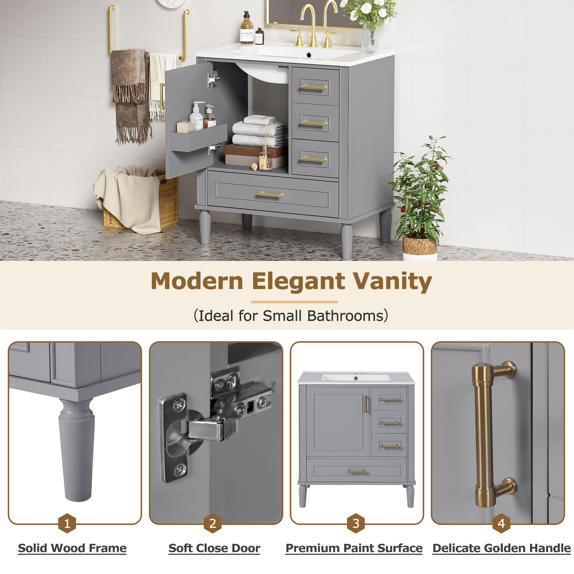30" Bathroom Vanity with Ceramic Sink, Soft-Close Door with Built-in Shelf, Deep Drawer, Standard Drawer, Long Divider Drawer, Ample Storage Cabinet for Bathroom, Modern & Functional Design