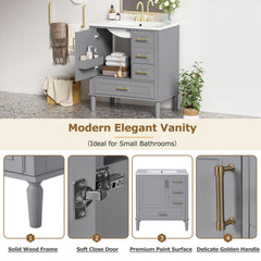 30" Bathroom Vanity with Ceramic Sink, Soft-Close Door with Built-in Shelf, Deep Drawer, Standard Drawer, Long Divider Drawer, Ample Storage Cabinet for Bathroom, Modern & Functional Design