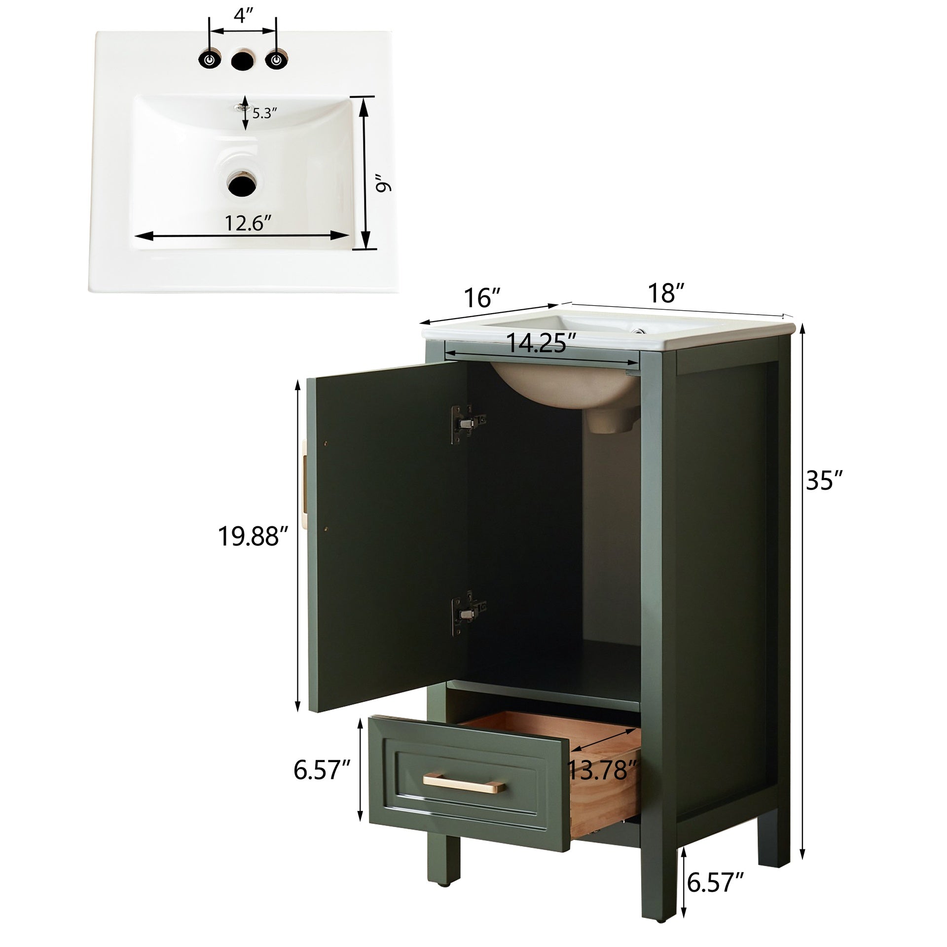 Fully Assembled 18'' Green Freestanding Single Bathroom Vanity with Top