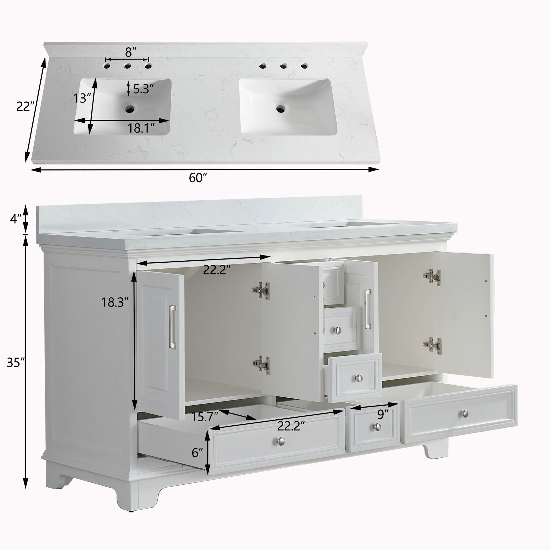 Fully Assembled 60'' Freestanding Double Bathroom Vanity with Artificial Stone