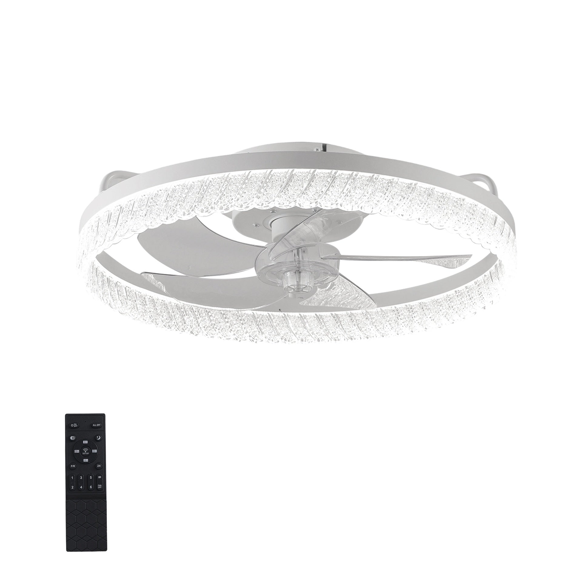 19" White Feather Bedroom Fan light with Remote Control, Dimmable, 7 Blades, Reversible DC Motor, with LED Light