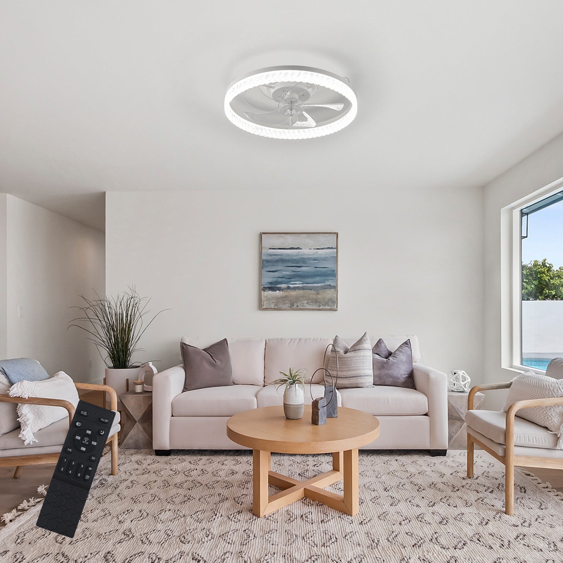 19" White Feather Bedroom Fan light with Remote Control, Dimmable, 7 Blades, Reversible DC Motor, with LED Light