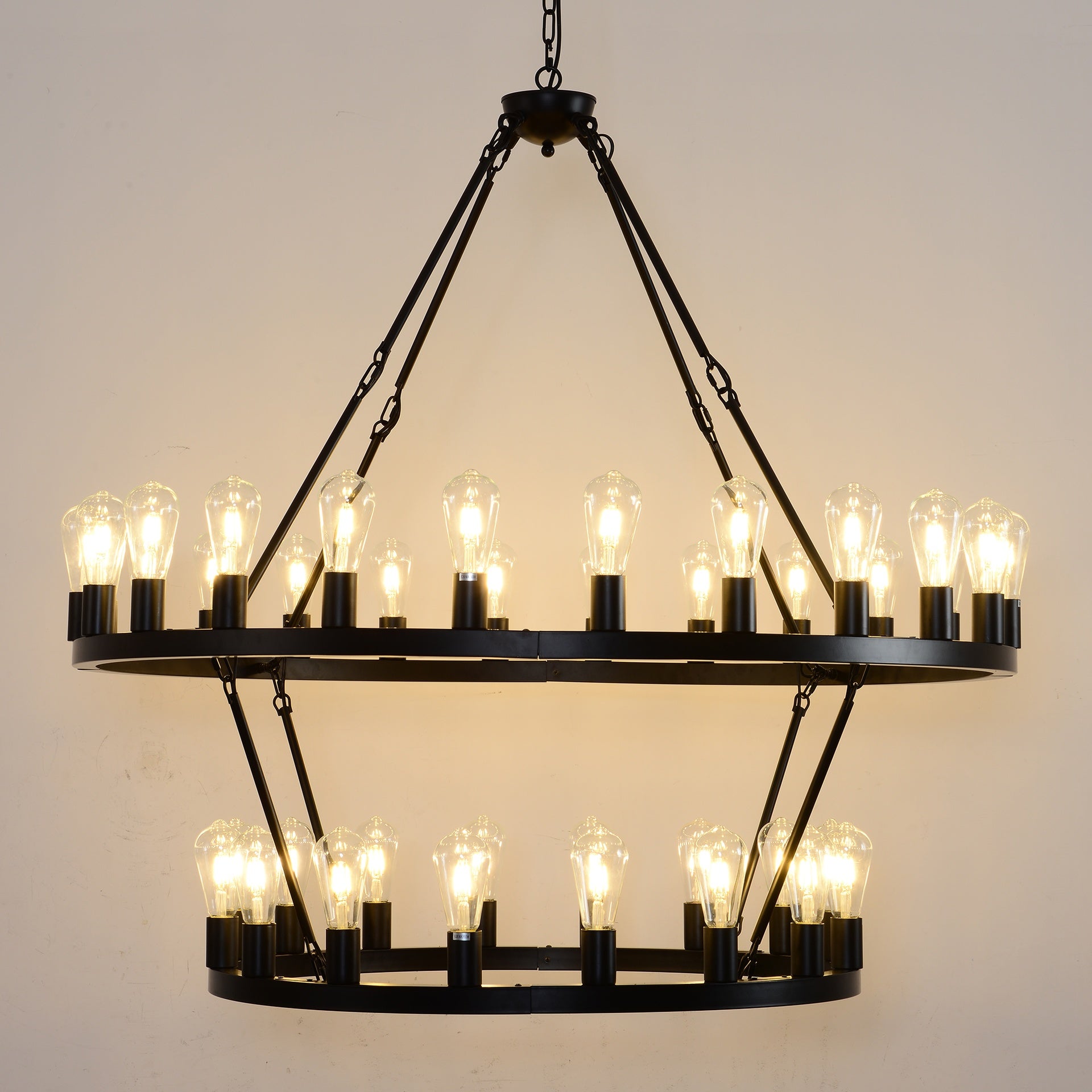 47.24 Inch Matte Black Wagon Wheel Chandelier With 36-Lights (24+12) (No Bulbs)