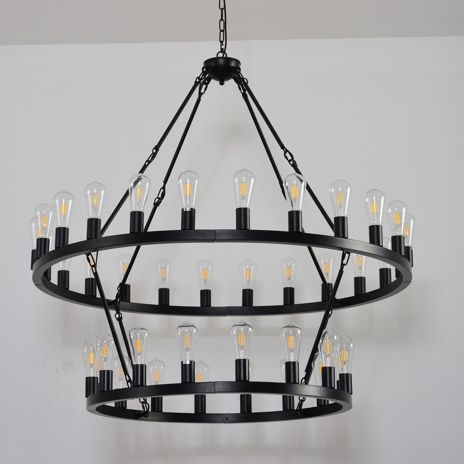 47.24 Inch Matte Black Wagon Wheel Chandelier With 36-Lights (24+12) (No Bulbs)