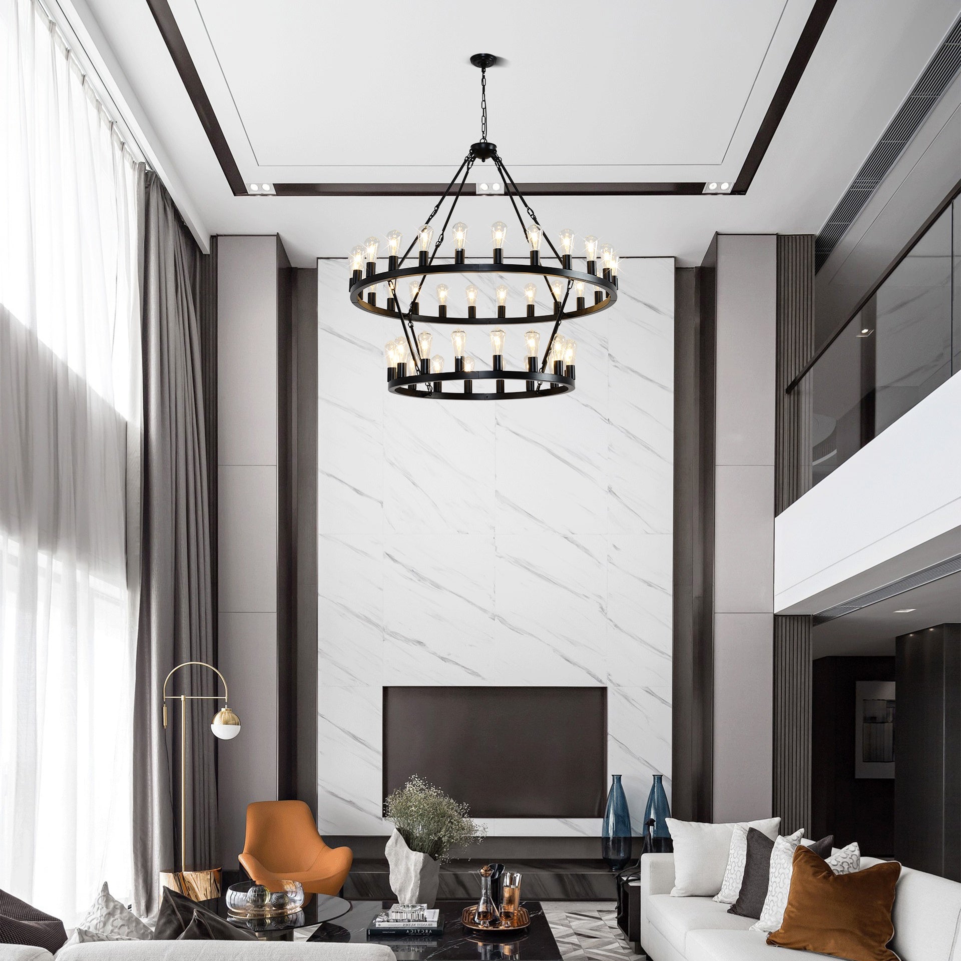 47.24 Inch Matte Black Wagon Wheel Chandelier With 36-Lights (24+12) (No Bulbs)