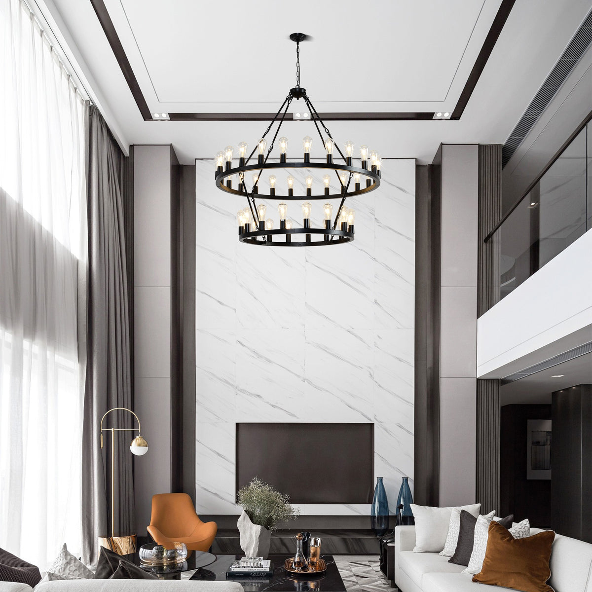 47.24 Inch Matte Black Wagon Wheel Chandelier With 36-Lights (24+12) (No Bulbs)