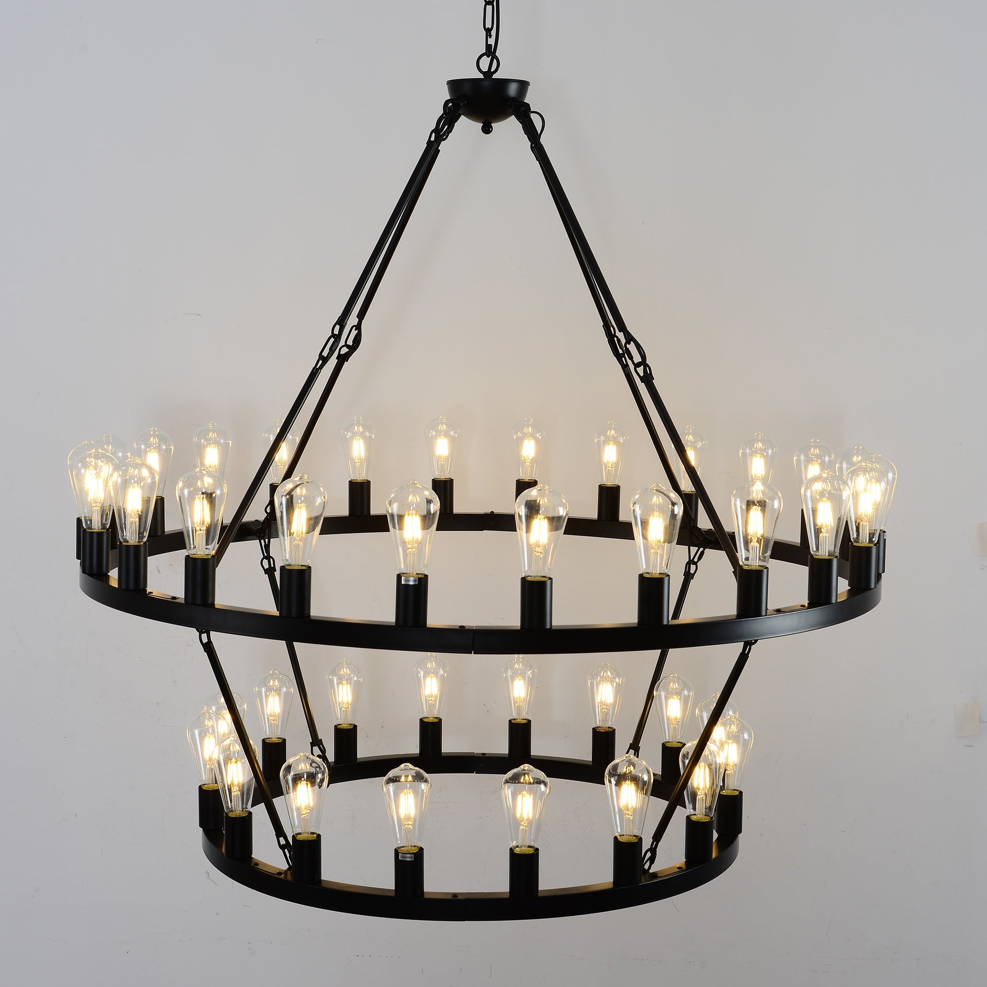 47.24 Inch Matte Black Wagon Wheel Chandelier With 36-Lights (24+12) (No Bulbs)