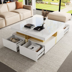 Modern Glossy Square Storage Coffee Table with 4 Drawers, 43.3", White
