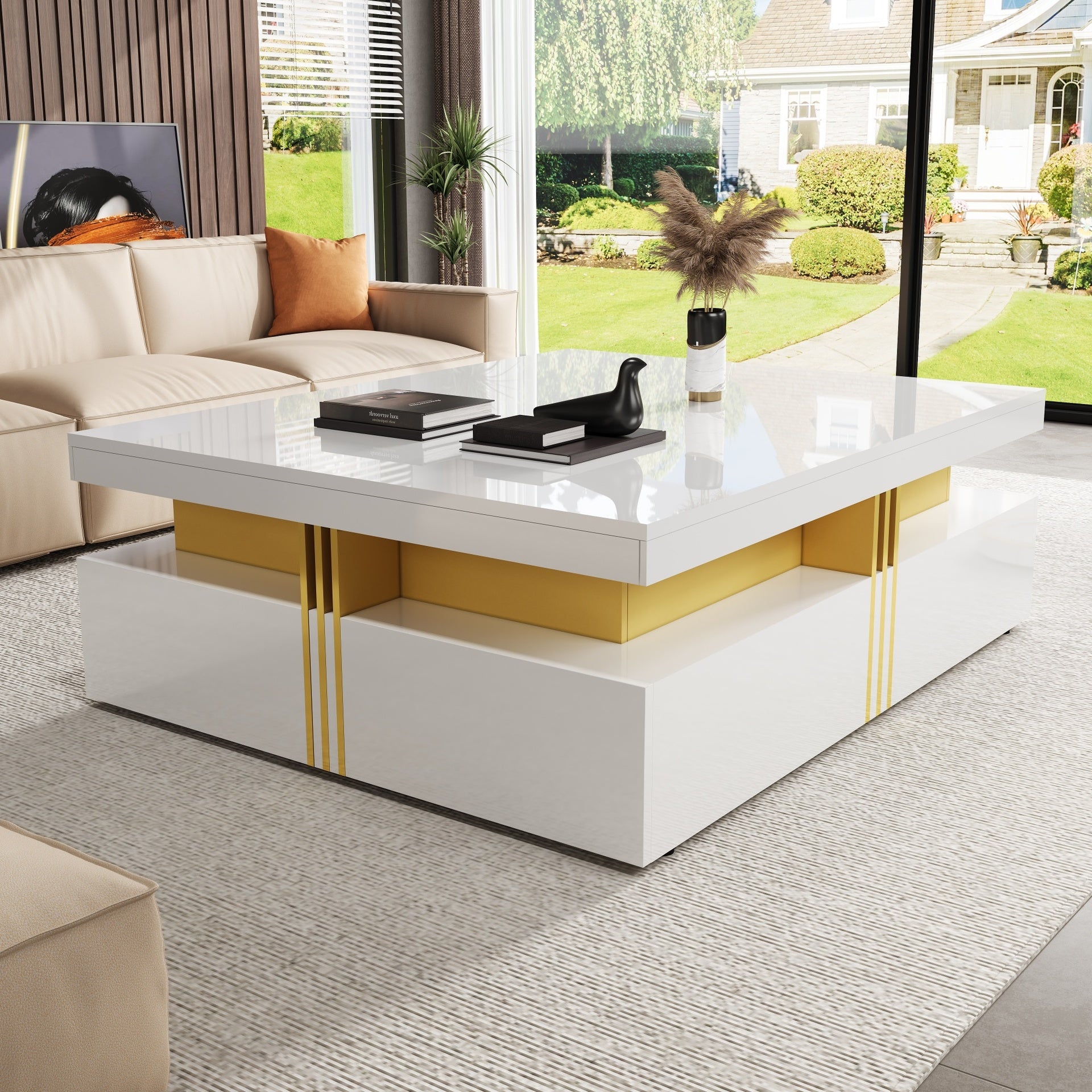 Modern Glossy Square Storage Coffee Table with 4 Drawers, 43.3", White
