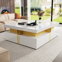 Modern Glossy Square Storage Coffee Table with 4 Drawers, 43.3", White