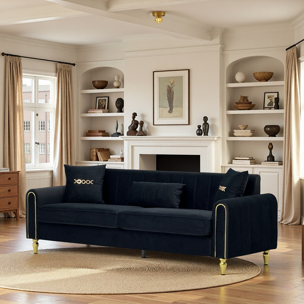 FX-P11-BK (SOFA) 87.4 Inches Modern Sofa Couch for Living Room, 3 Seater Upholstered Sofa with Pillows, Plush Fabric, High Resilience Foam & Pocket Springs, Metal Legs