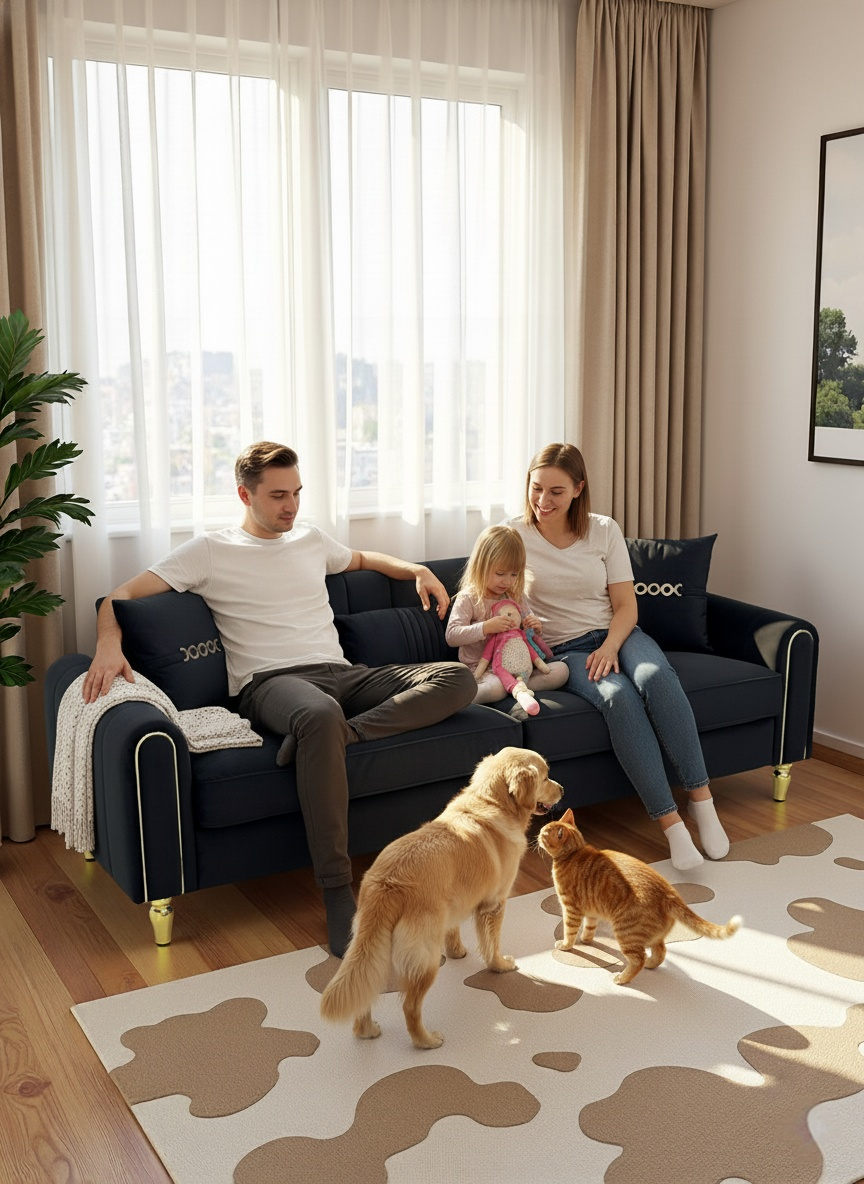 FX-P11-BK (SOFA) 87.4 Inches Modern Sofa Couch for Living Room, 3 Seater Upholstered Sofa with Pillows, Plush Fabric, High Resilience Foam & Pocket Springs, Metal Legs