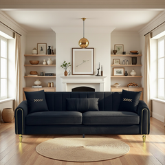 FX-P11-BK (SOFA) 87.4 Inches Modern Sofa Couch for Living Room, 3 Seater Upholstered Sofa with Pillows, Plush Fabric, High Resilience Foam & Pocket Springs, Metal Legs