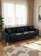 FX-P11-BK (SOFA) 87.4 Inches Modern Sofa Couch for Living Room, 3 Seater Upholstered Sofa with Pillows, Plush Fabric, High Resilience Foam & Pocket Springs, Metal Legs