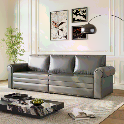 Chesterfield Sofa,93.7" King Pull Out Sofa Bed,3-in-1 Faux Leather Convertible Sleeper Sofa with Nailhead Trim & Rolled Arm,Multi-Functional Sofa Bed for Living Room,Bedroom