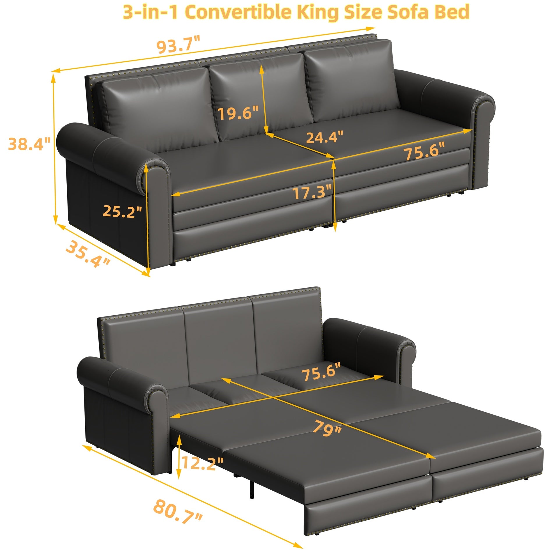 Chesterfield Sofa,93.7" King Pull Out Sofa Bed,3-in-1 Faux Leather Convertible Sleeper Sofa with Nailhead Trim & Rolled Arm,Multi-Functional Sofa Bed for Living Room,Bedroom