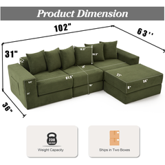 [NEW ARRIVED] [VIDEO PROVIDED]10-in-1 Convertible Sofa Sectional ,Corner Couch , Convertible Floor Sleeper Sofa,Corduroy,Side Pocket,No Assembly,DIY,L Shaped Modular Sofa,6 Pillows,Green
