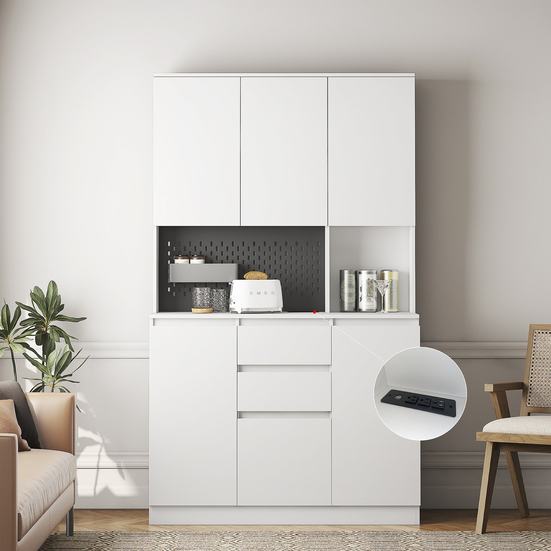 74" Kitchen Pantry Cabinet with Charging Station,Freestanding Buffet Cupboards Sideboard with Drawer,Modern Pantry Cabinet with Microwave Stand for Kitchen,Living Room,Dinning Room