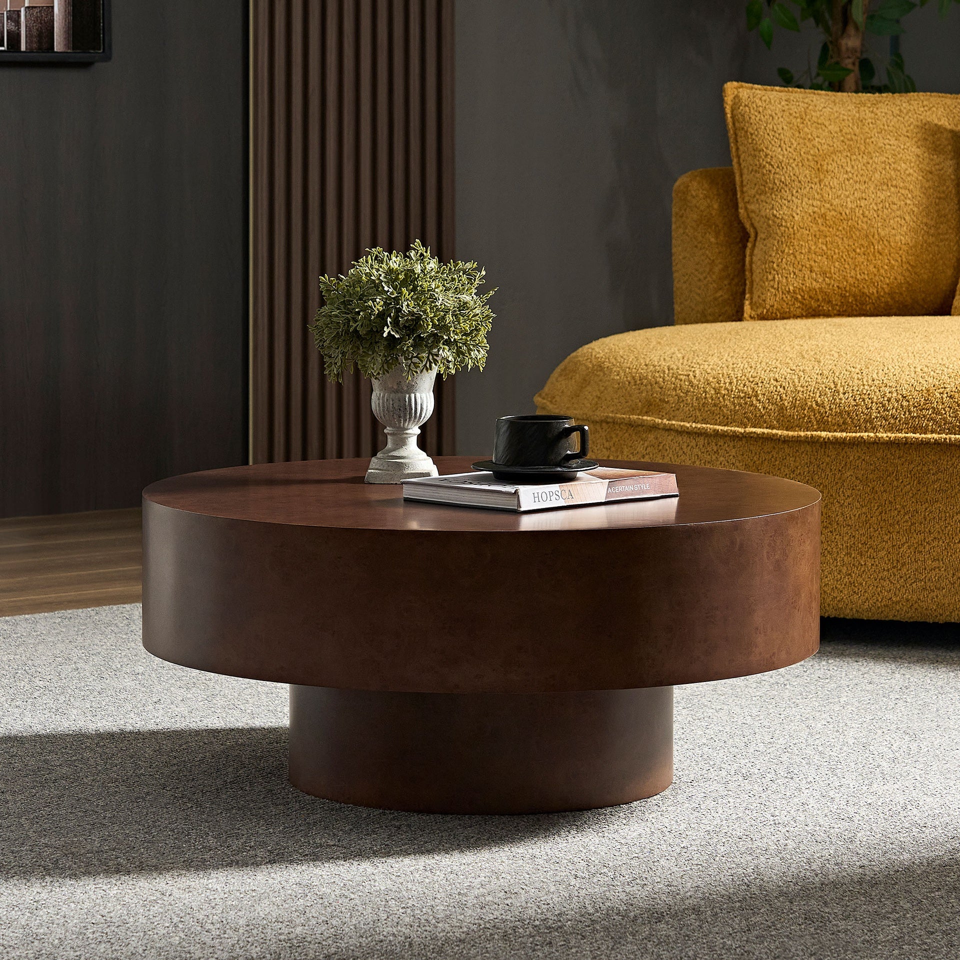 31.49''Faux Burl Wood Pattern Decal Coffee Table with Sturdy Pedestal for Living Room Office Apartment Walnut