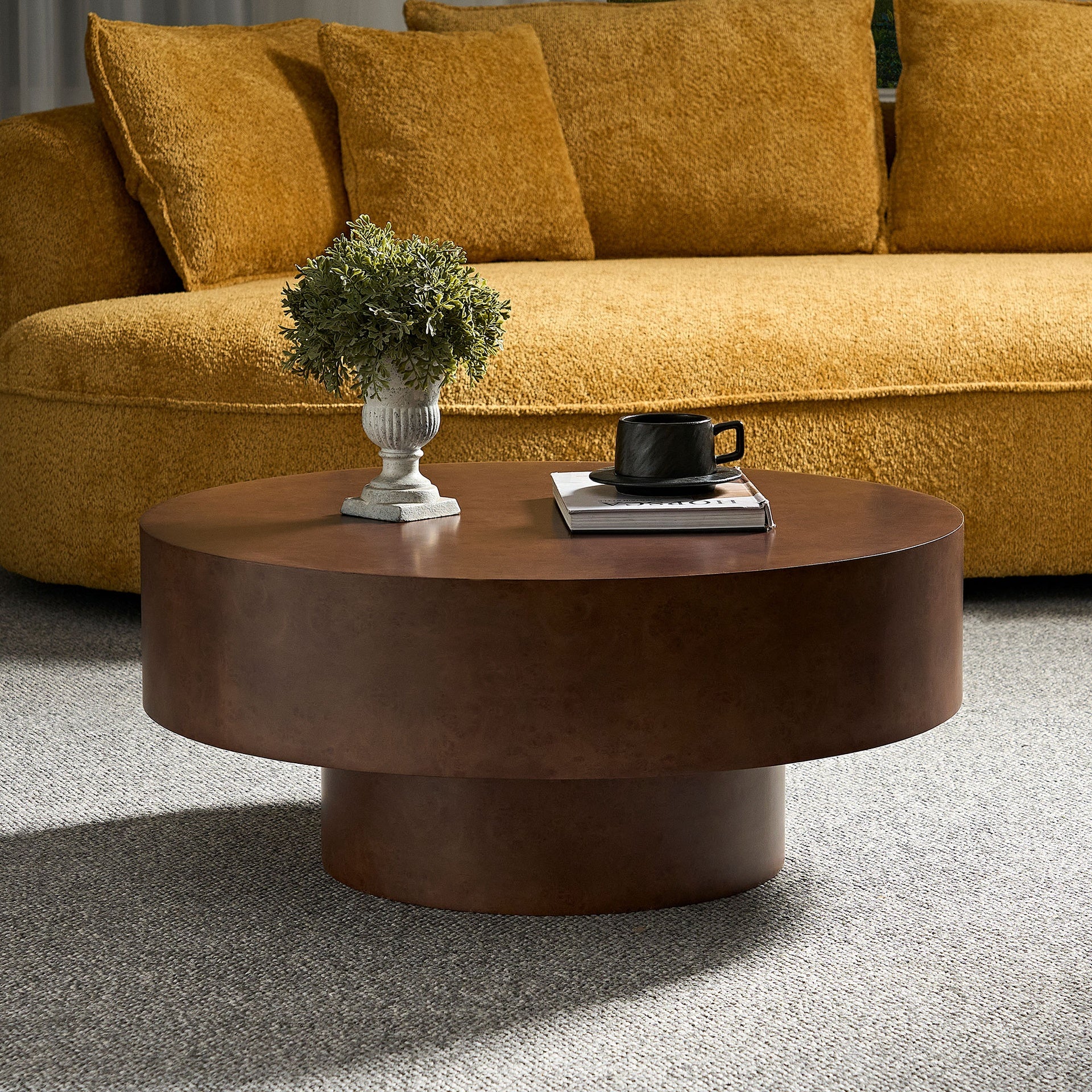 31.49''Faux Burl Wood Pattern Decal Coffee Table with Sturdy Pedestal for Living Room Office Apartment Walnut