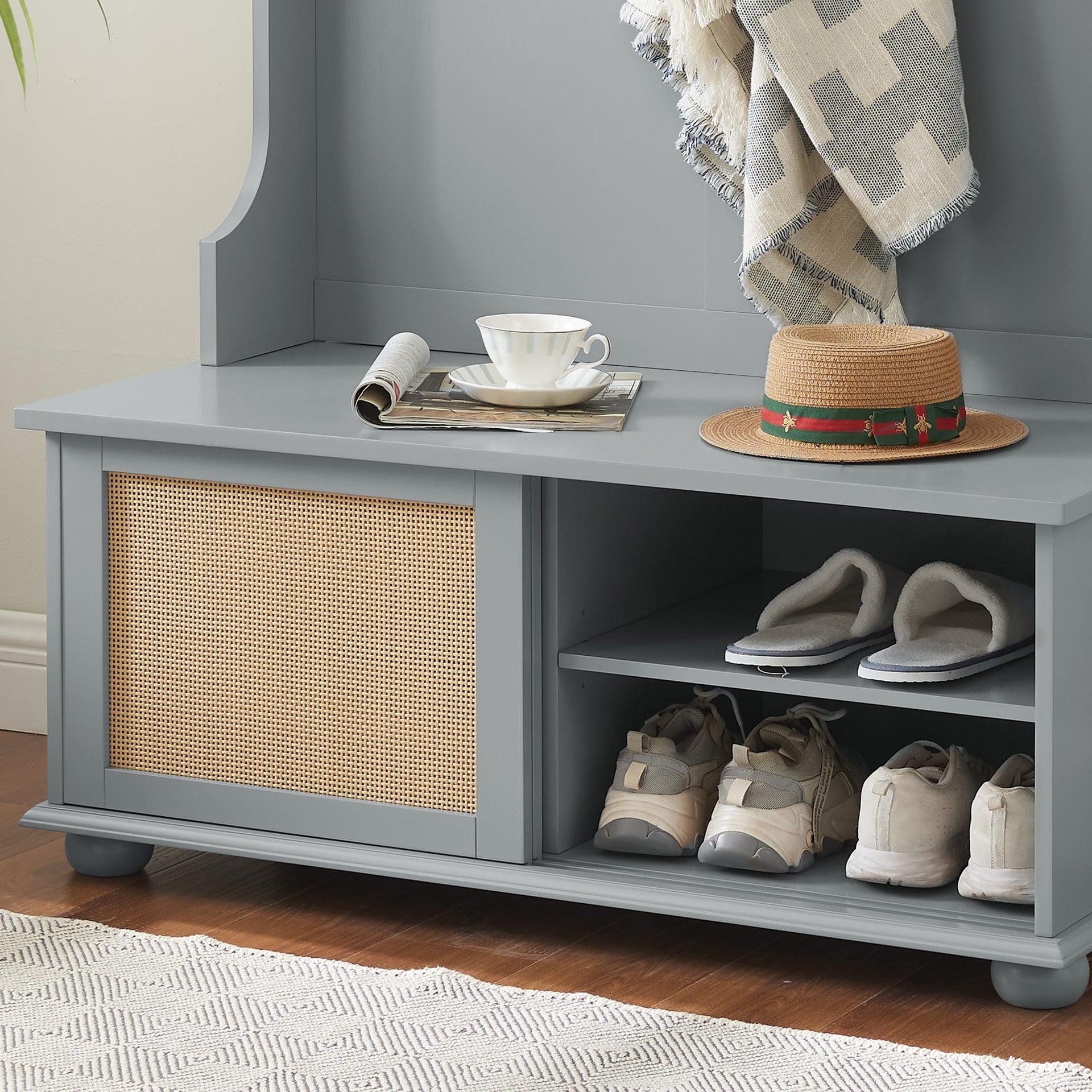 Clothes hanger Hall Tree Storage Bench Shoe Rack for Entryway, Hall Tree with Bench and Shoe Storage, Hall Tree Entryway Bench with Rattan Door Gray, 40.16"W*18.58"D*64.17"H