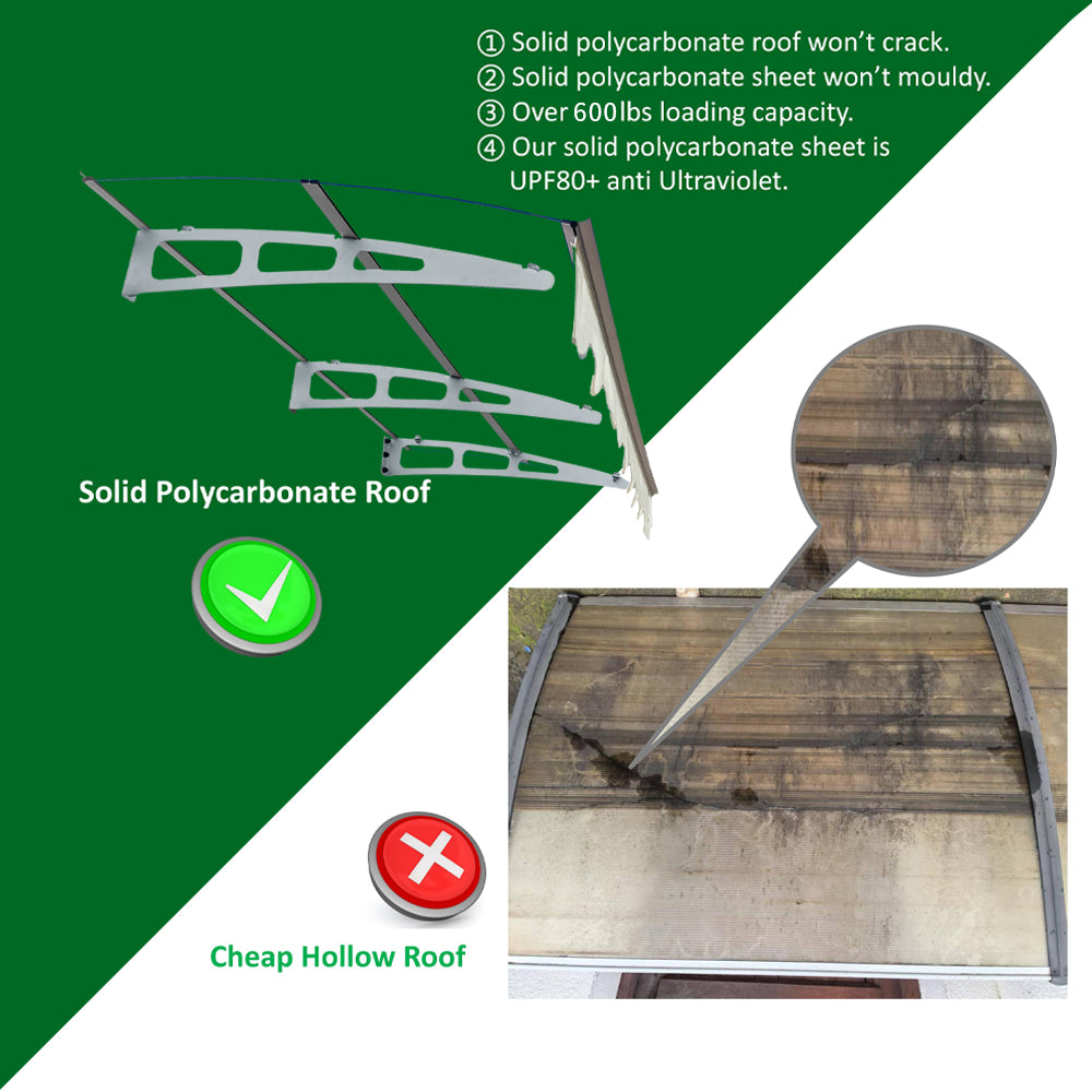 79" x 34" Window Awnings Door Entrance Canopy, Aluminum Alloy Bracket, 0.137 Inch Thick Crystal Solid Polycarbonate Sheet with Valance for Masonry Concrete House (DA7934C Series Brown Roof)