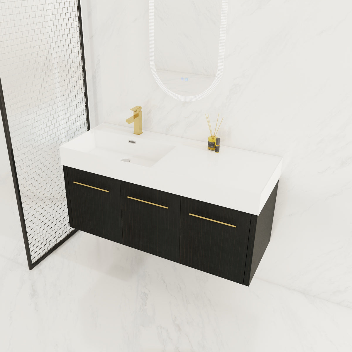 48 Inch Wall-Mounted Bathroom Vanity with Sink, Thick Edged Resin Basin, KD-Package