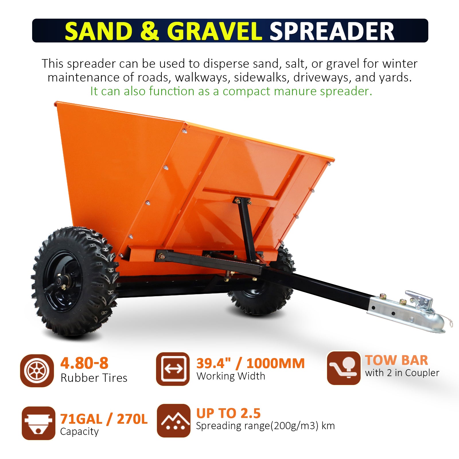 71Gal Sand spreader, Towable Gravel Spreader, ATV and UTV 882 LBS Loading Capacity