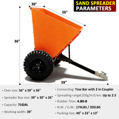 71Gal Sand spreader, Towable Gravel Spreader, ATV and UTV 882 LBS Loading Capacity