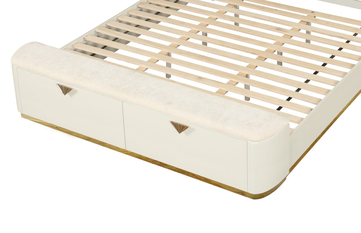 La Pierre Modern Style King Upholstered Bed Made with Wood, Footboard Drawers  and Gold Accents in Beige (CA WAREHOUSE)