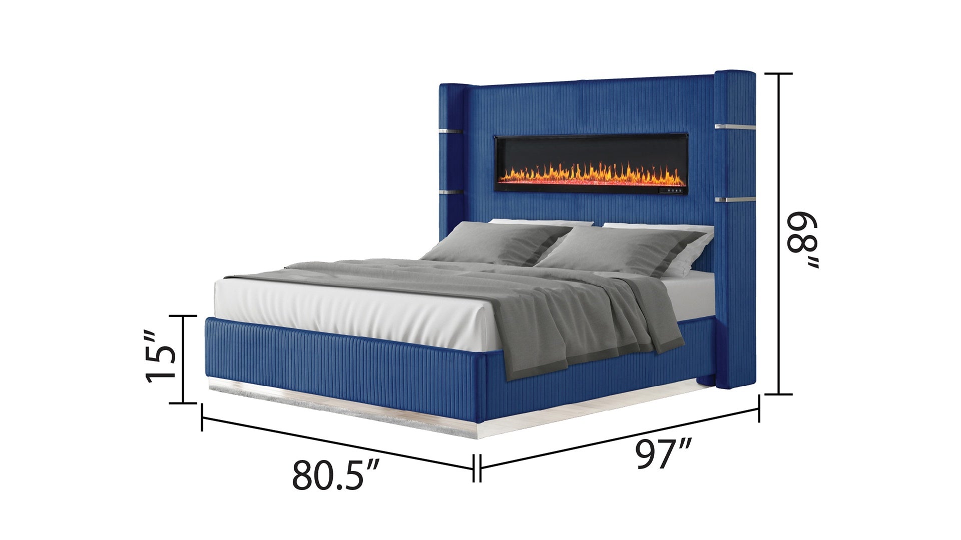 Upholstery Wooden King Bed with Ambient lighting in Blue Velvet Finish